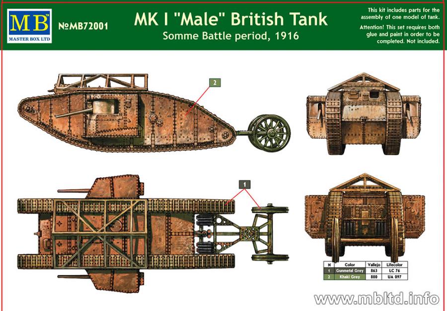 Masterbox 1:72 Mk I "Male" British tank, Somme 1916