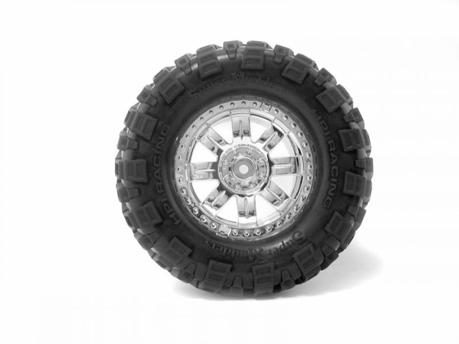 HPI Racing  MOUNTED SUPER MUDDERS TIRE 165x88mm on RINGZ WHEEL SHINY CHROME 4726